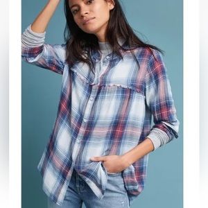 Anthro Cloth & Stone OVERSIZED Plaid Tunic Length Top w Raw Hem Detail